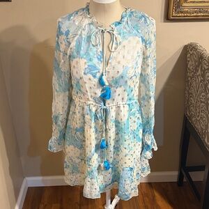 HEMANT & NANDITA Light Blue and Cream Floral Mini Dress with Tassel Ties